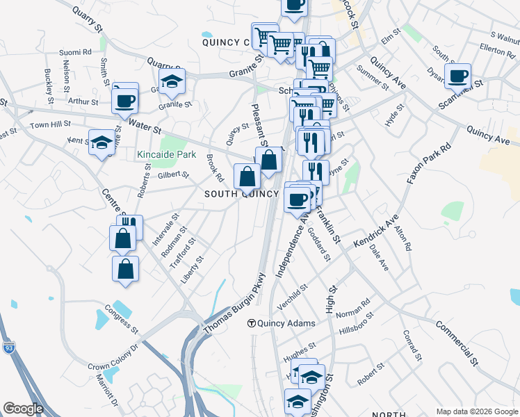 map of restaurants, bars, coffee shops, grocery stores, and more near 29 Penn Street in Quincy