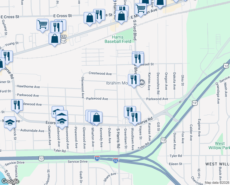 map of restaurants, bars, coffee shops, grocery stores, and more near 342 South Harris Road in Ypsilanti