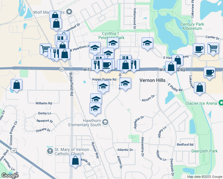 map of restaurants, bars, coffee shops, grocery stores, and more near 702 Summit Lane in Vernon Hills