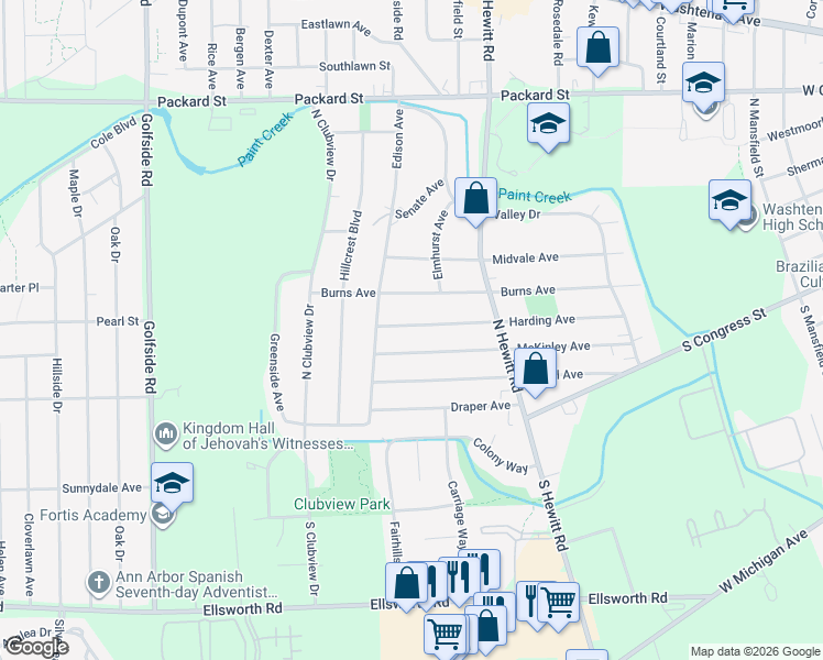 map of restaurants, bars, coffee shops, grocery stores, and more near 2417 Harding Avenue in Ypsilanti
