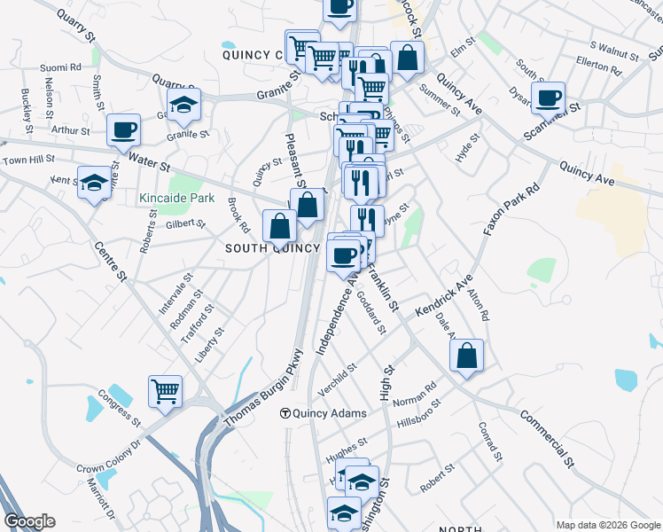 map of restaurants, bars, coffee shops, grocery stores, and more near 43-71 Federal Avenue in Quincy
