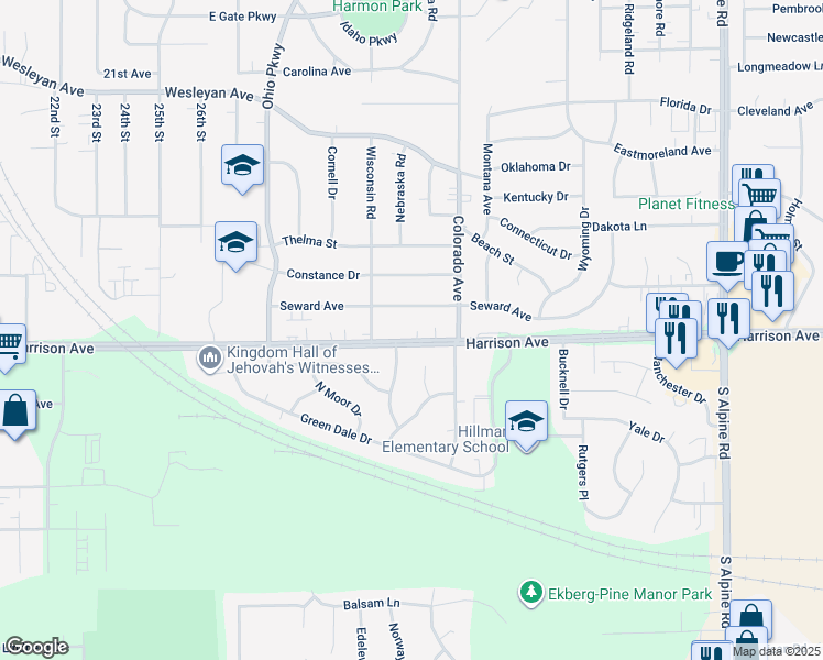 map of restaurants, bars, coffee shops, grocery stores, and more near 3420 Harrison Avenue in Rockford
