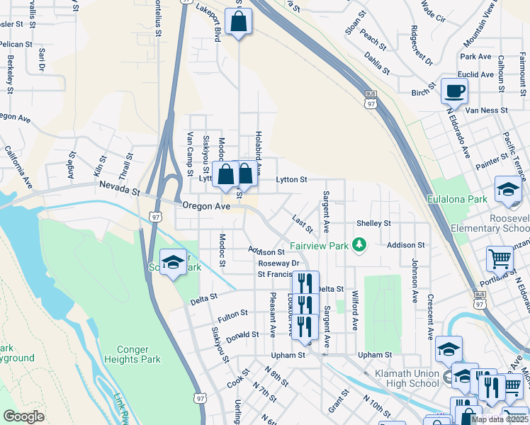 map of restaurants, bars, coffee shops, grocery stores, and more near 2015 Oregon Avenue in Klamath Falls