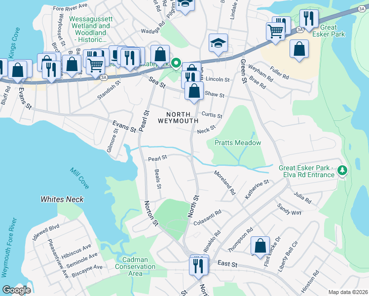 map of restaurants, bars, coffee shops, grocery stores, and more near 311 North Street in Weymouth