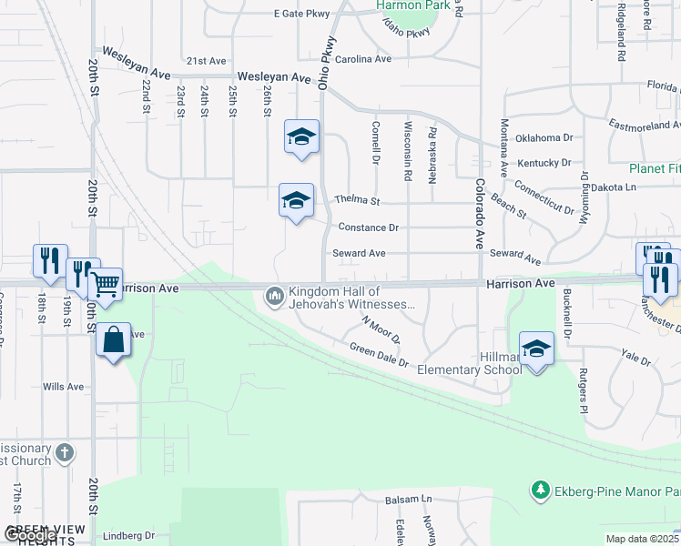 map of restaurants, bars, coffee shops, grocery stores, and more near 3212 Harrison Avenue in Rockford