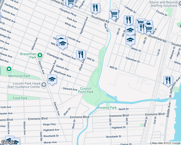 map of restaurants, bars, coffee shops, grocery stores, and more near 2458 River Drive in Lincoln Park