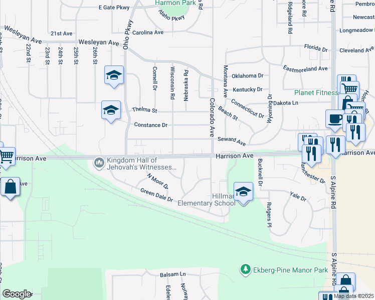 map of restaurants, bars, coffee shops, grocery stores, and more near 3420 Harrison Avenue in Rockford