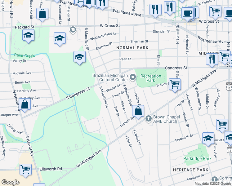 map of restaurants, bars, coffee shops, grocery stores, and more near 1266 Jones Street in Ypsilanti