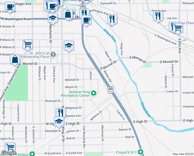 map of restaurants, bars, coffee shops, grocery stores, and more near 956 South Cooper Street in Jackson