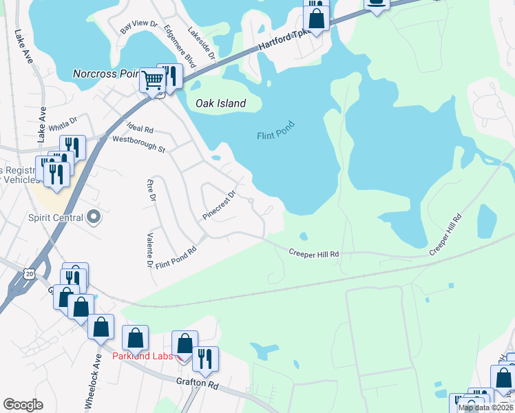 map of restaurants, bars, coffee shops, grocery stores, and more near 69 Pointe Rok Drive in Worcester