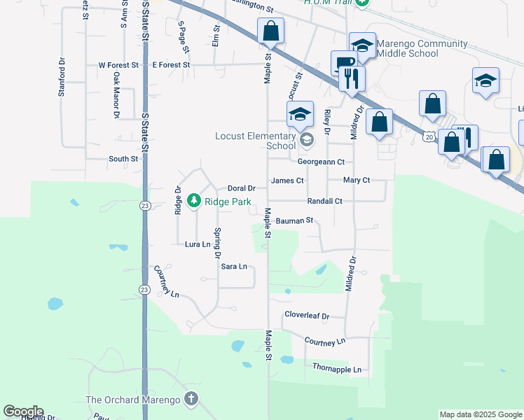 map of restaurants, bars, coffee shops, grocery stores, and more near 6211 Maple Street in Marengo