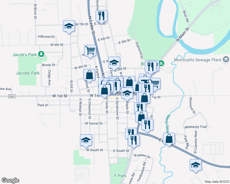 map of restaurants, bars, coffee shops, grocery stores, and more near in Monticello