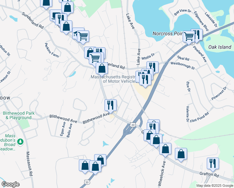 map of restaurants, bars, coffee shops, grocery stores, and more near 25 Clarissa Street in Worcester