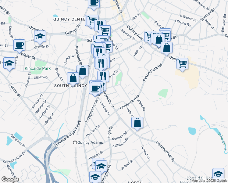 map of restaurants, bars, coffee shops, grocery stores, and more near 50 Endicott Street in Quincy