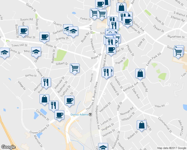 map of restaurants, bars, coffee shops, grocery stores, and more near 29 Penn Street in Quincy