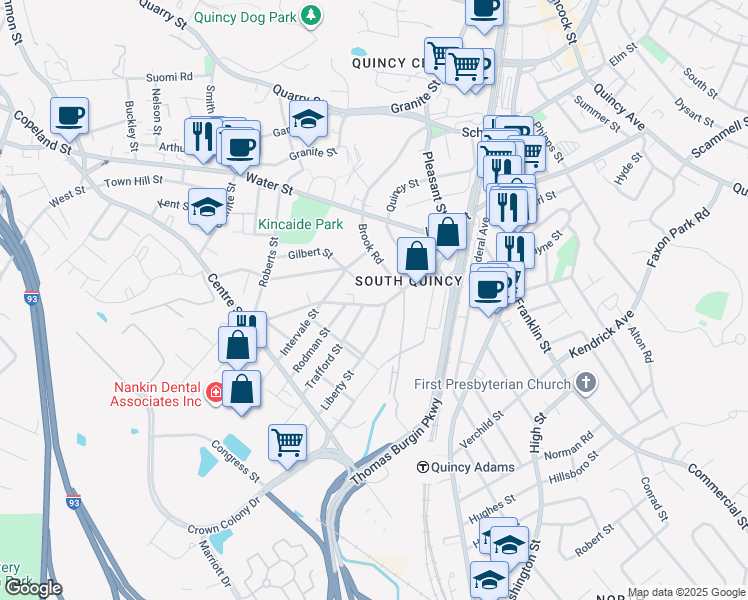 map of restaurants, bars, coffee shops, grocery stores, and more near 27 Brooks Avenue in Quincy