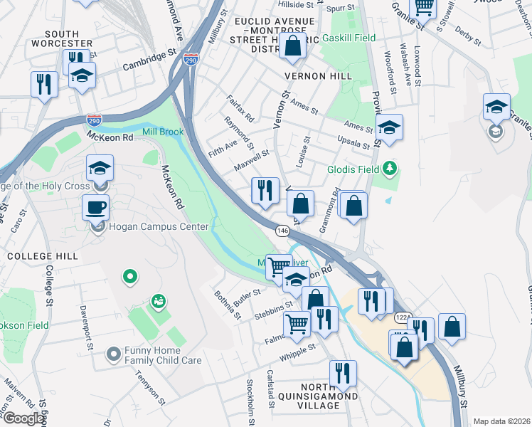 map of restaurants, bars, coffee shops, grocery stores, and more near 60 Accomodation Street in Worcester