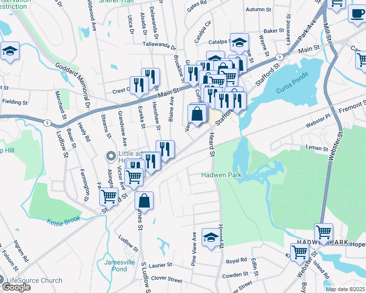 map of restaurants, bars, coffee shops, grocery stores, and more near 128 Stafford Street in Worcester