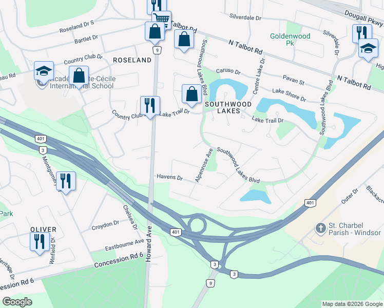 map of restaurants, bars, coffee shops, grocery stores, and more near 4648 Jenkela Court in Windsor