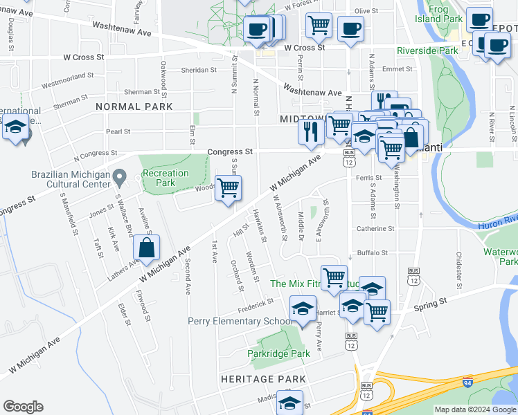 map of restaurants, bars, coffee shops, grocery stores, and more near 819 West Michigan Avenue in Ypsilanti