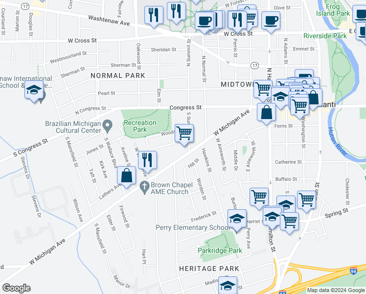 map of restaurants, bars, coffee shops, grocery stores, and more near 52 South Summit Street in Ypsilanti