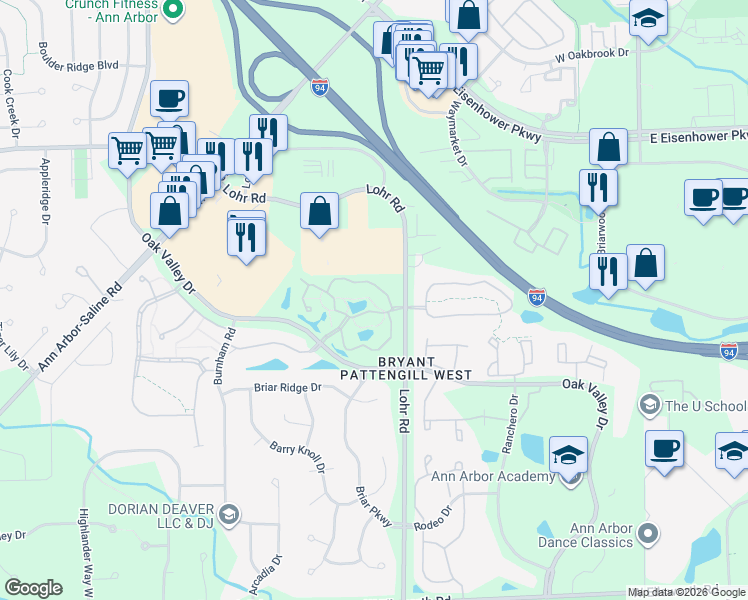 map of restaurants, bars, coffee shops, grocery stores, and more near 1510 Long Meadow Trail Drive in Ann Arbor