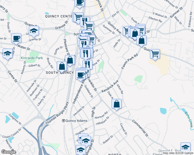 map of restaurants, bars, coffee shops, grocery stores, and more near 50 Endicott Street in Quincy