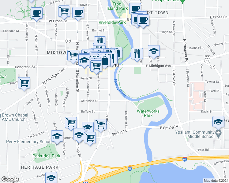map of restaurants, bars, coffee shops, grocery stores, and more near 203 South Huron Street in Ypsilanti