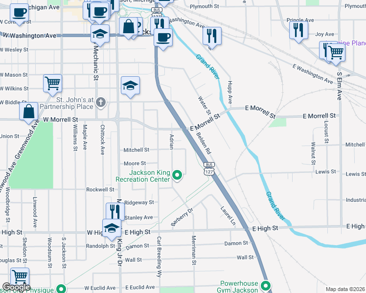 map of restaurants, bars, coffee shops, grocery stores, and more near 956 South Cooper Street in Jackson