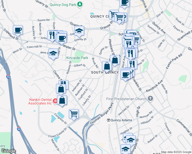 map of restaurants, bars, coffee shops, grocery stores, and more near 27 Brooks Avenue in Quincy