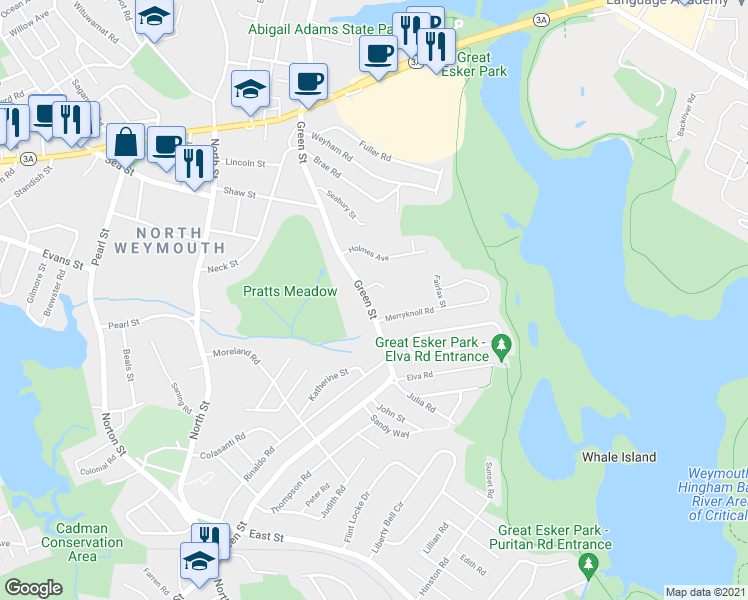 map of restaurants, bars, coffee shops, grocery stores, and more near 194 Green Street in Weymouth