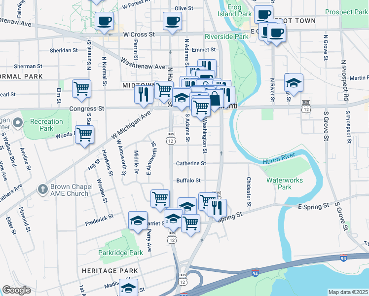 map of restaurants, bars, coffee shops, grocery stores, and more near 202 South Adams Street in Ypsilanti