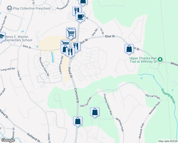 map of restaurants, bars, coffee shops, grocery stores, and more near 276 Trailside Way in Ashland