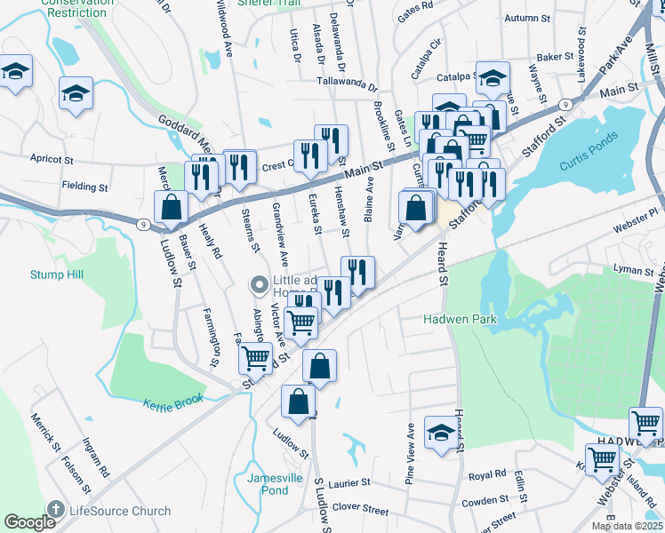 map of restaurants, bars, coffee shops, grocery stores, and more near 79 Eureka Street in Worcester