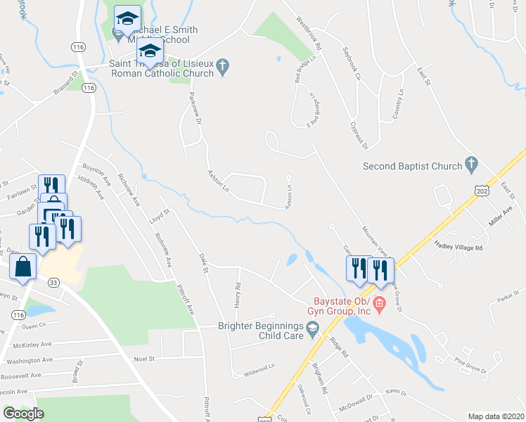 map of restaurants, bars, coffee shops, grocery stores, and more near 38 Ashton Lane in South Hadley