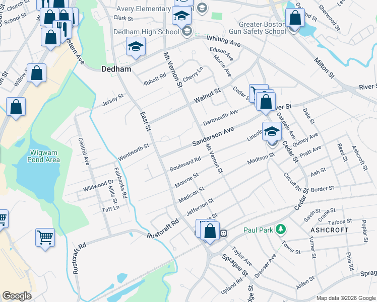 map of restaurants, bars, coffee shops, grocery stores, and more near 154 Sanderson Avenue in Dedham
