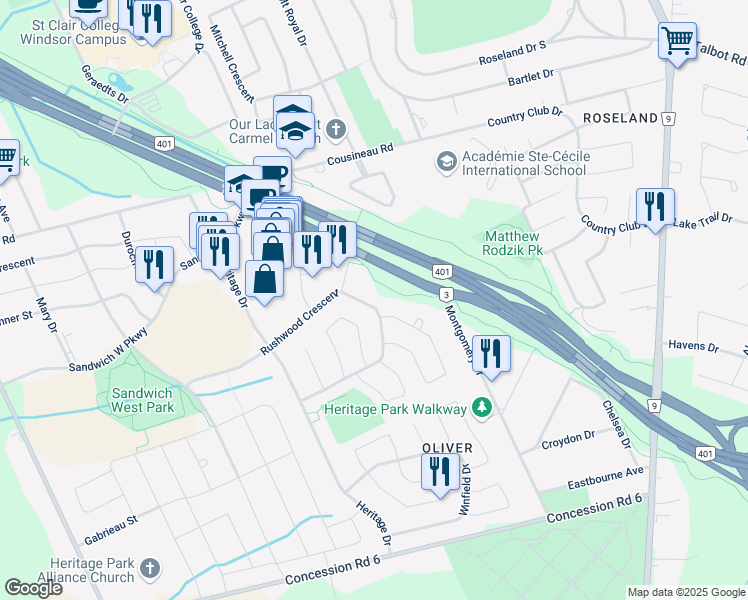 map of restaurants, bars, coffee shops, grocery stores, and more near 1501 Rushwood Crescent in Windsor