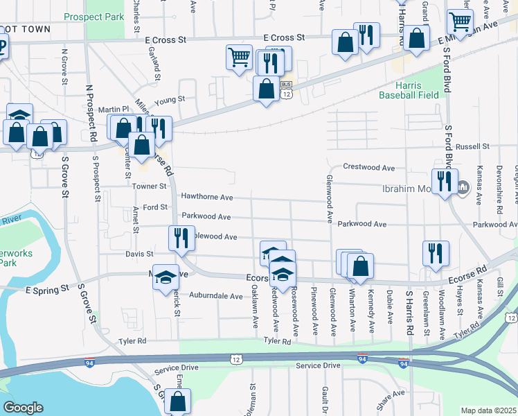 map of restaurants, bars, coffee shops, grocery stores, and more near 165 Oaklawn Avenue in Ypsilanti