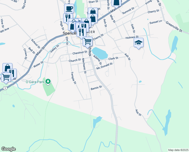 map of restaurants, bars, coffee shops, grocery stores, and more near 70 Maple Street in Spencer