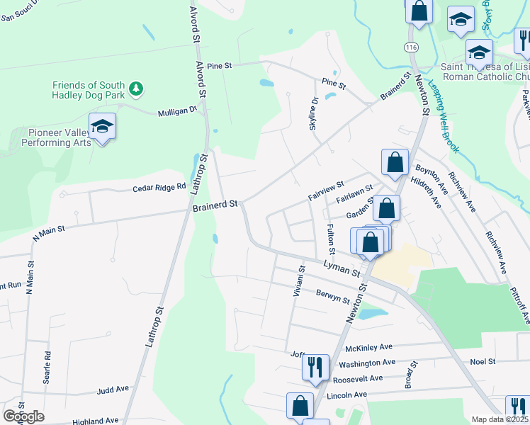map of restaurants, bars, coffee shops, grocery stores, and more near 85 Fairview Street in South Hadley