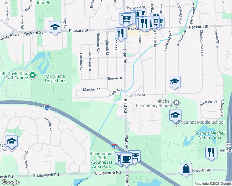 map of restaurants, bars, coffee shops, grocery stores, and more near 2970 Verle Avenue in Ann Arbor