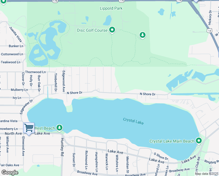 map of restaurants, bars, coffee shops, grocery stores, and more near 164 East End Avenue in Crystal Lake