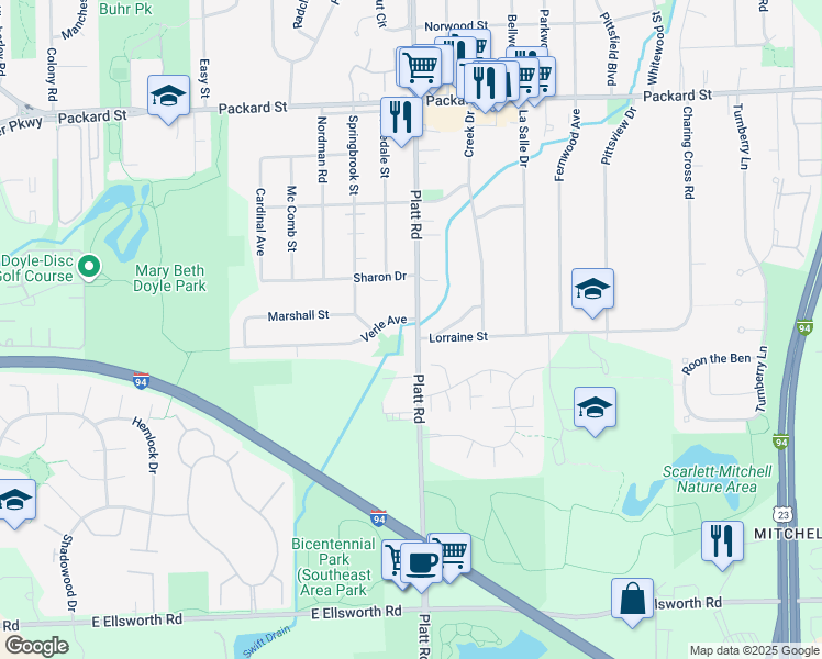 map of restaurants, bars, coffee shops, grocery stores, and more near 3466 Platt Road in Ann Arbor