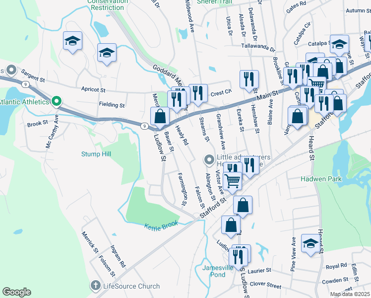 map of restaurants, bars, coffee shops, grocery stores, and more near 20 Healy Road in Worcester