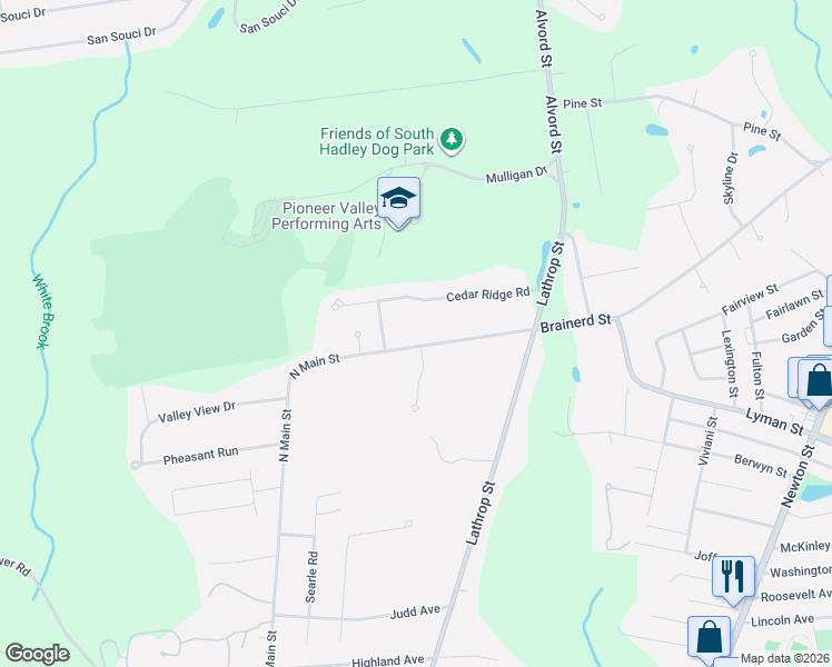 map of restaurants, bars, coffee shops, grocery stores, and more near 289 Brainerd Street in South Hadley