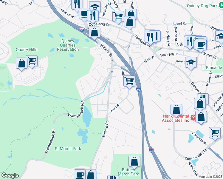 map of restaurants, bars, coffee shops, grocery stores, and more near 548 Willard Street in Quincy