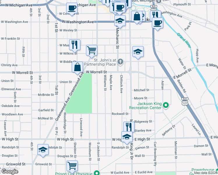 map of restaurants, bars, coffee shops, grocery stores, and more near 939 Maple Avenue in Jackson