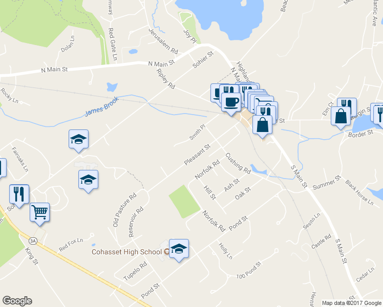 map of restaurants, bars, coffee shops, grocery stores, and more near 65 Pleasant Street in Cohasset