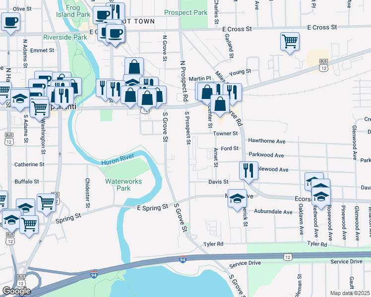 map of restaurants, bars, coffee shops, grocery stores, and more near 120 South Prospect Street in Ypsilanti