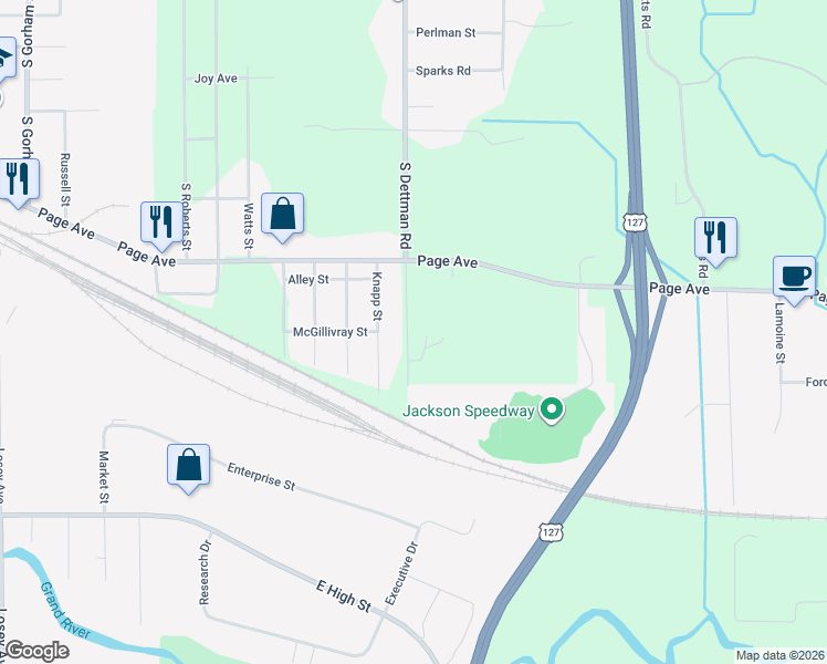 map of restaurants, bars, coffee shops, grocery stores, and more near 1201 South Dettman Road in Jackson